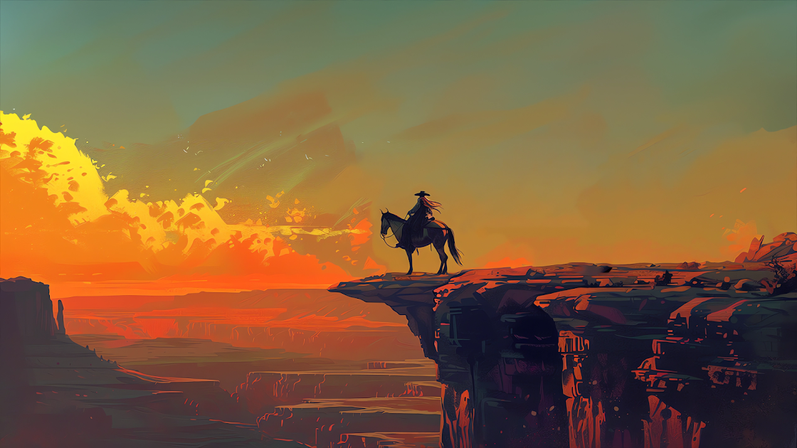 A lone cowboy silhouetted against a breathtaking sunset, stands atop a precipitous cliff overlooking a vast canyon. The sky is painted with warm oranges and reds, while the canyon depths are shaded in contrasting cool tones, creating a serene yet adventurous wild west scene.