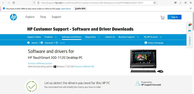 Tela inicial de download dos drivers do All in One HP TouchSmart 300