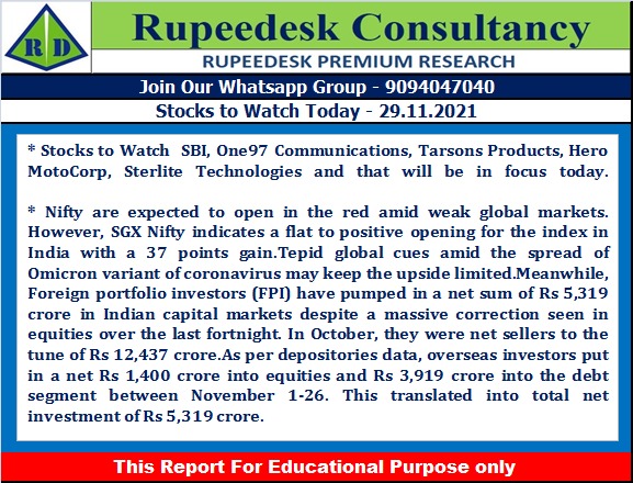 Stock to Watch Today - Rupeedesk Reports