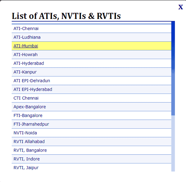 इस टैब पर क्लिक करें शहर के नाम के साथ सभी ATIs, NVTIs, RVTIs, की सूची दिखाई देगी