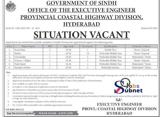 Today Latest New Hyderabad Sindh Jobs 2022 at Coastal Highway Division
