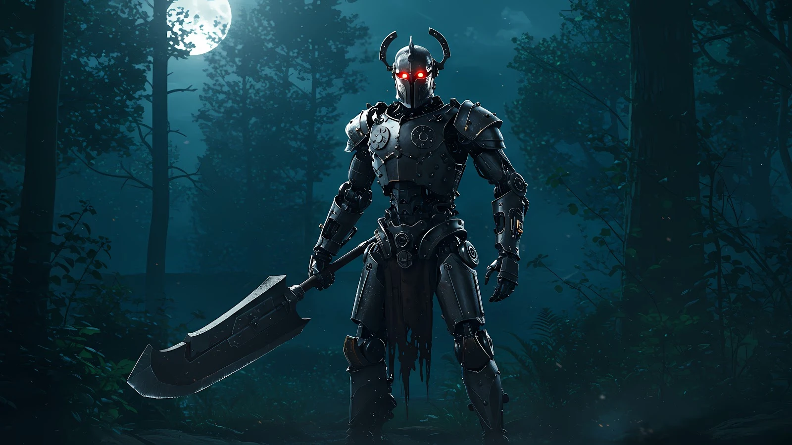 Robotic Demon Forest Wallpaper - 3840x2160 pixels, Cyborg, Fantasy, Sci-Fi, Dark, Moonlit, Warrior