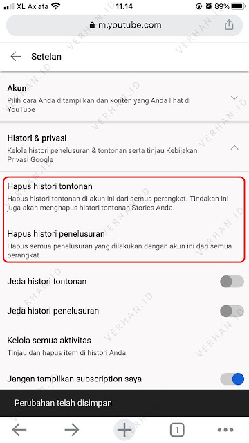 hapus history tontonan dan histroy pencarian di youtube