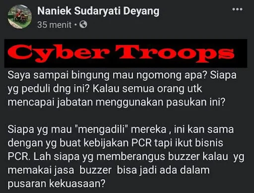 Kalau semua orang utk mencapai jabatan menggunakan pasukan ini Naniek S Deyang: Siapa Yang Bisa Membasmi Pasukan Buzzer Kalau Yang Memakai Jasa Mereka Ada Dalam Pusaran Kekuasaan?