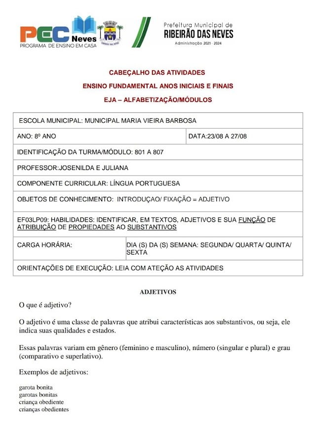 Atividade de Língua Portuguesa 8 Ano - 23/08 a 27/08 -  Professora Josenilda e Juliana
