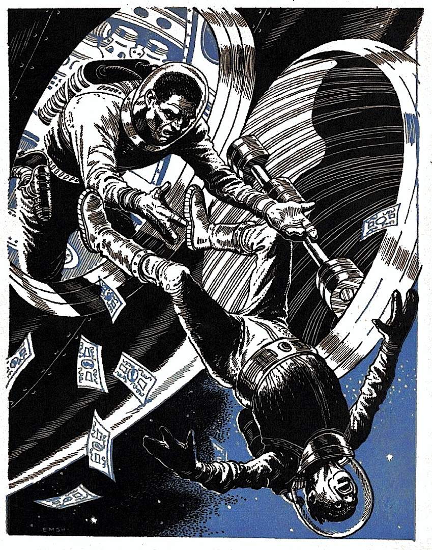 an Ed Emshwiller illustration of murder in outer space