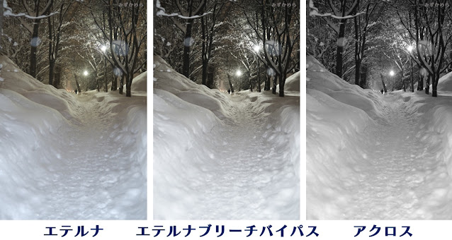 夜の雪景色写真に各種フィルムシミュレーション３