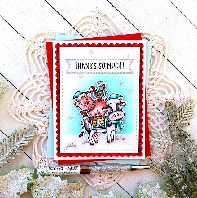 Winter Thank You Card by Larissa Heskett | Dairy Christmas Stamp Set, Floral Roundabout Stamp Set, Frames & Flags Die Set,Banner Trio Die Set and Meowy Christmas Paper Pad by Newton's Nook Designs #newtonsnook #handmade