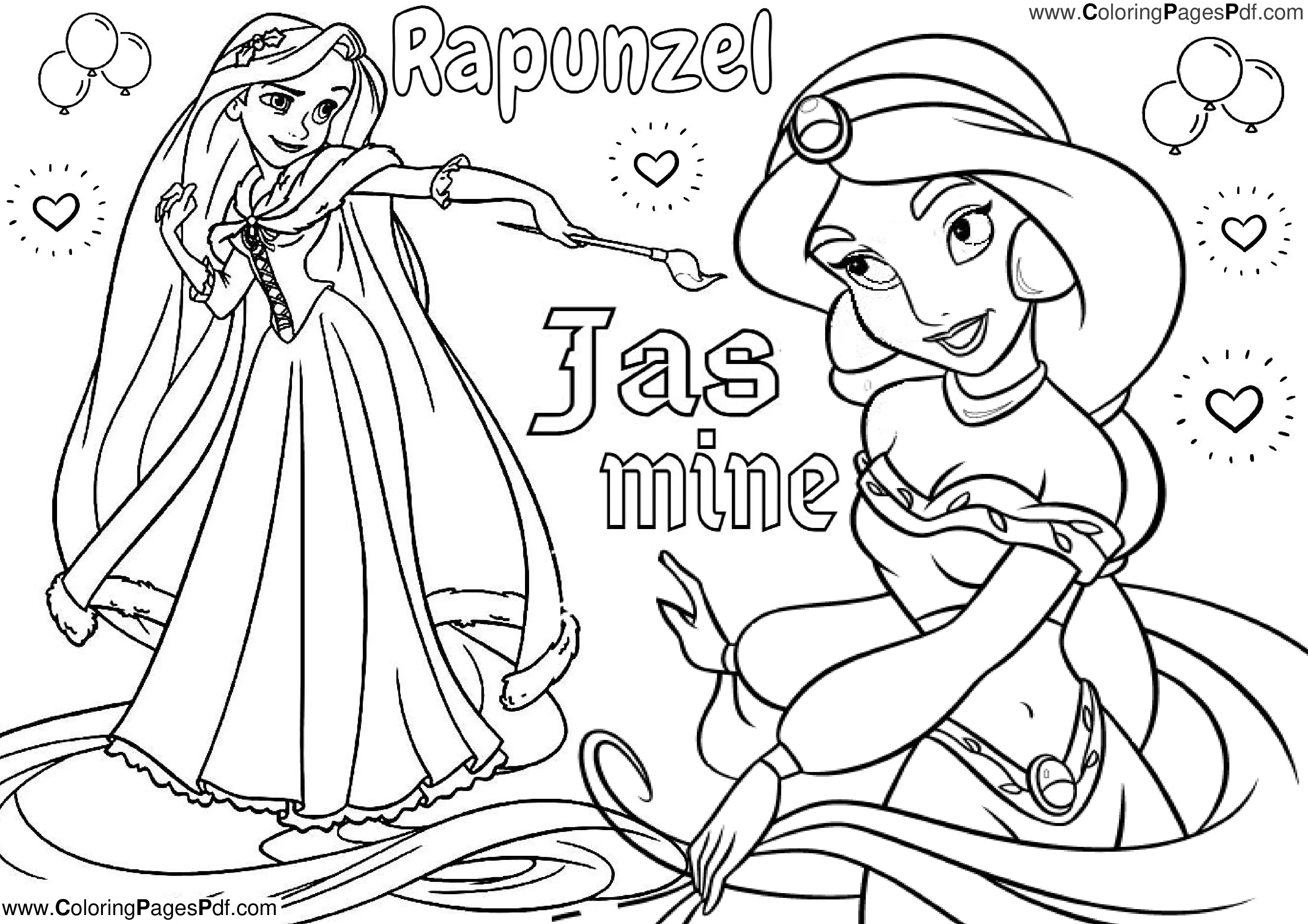 Rapunzel & Jasmine coloring pages