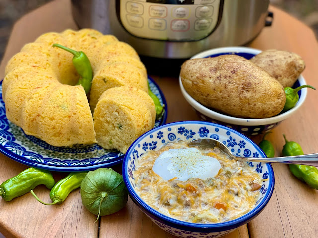 image of an Instant Pot, a bowl of turkey verde chili, pressure cooker "baked potatoes", and loaded Bundt cornbread with peppers and tomatillos