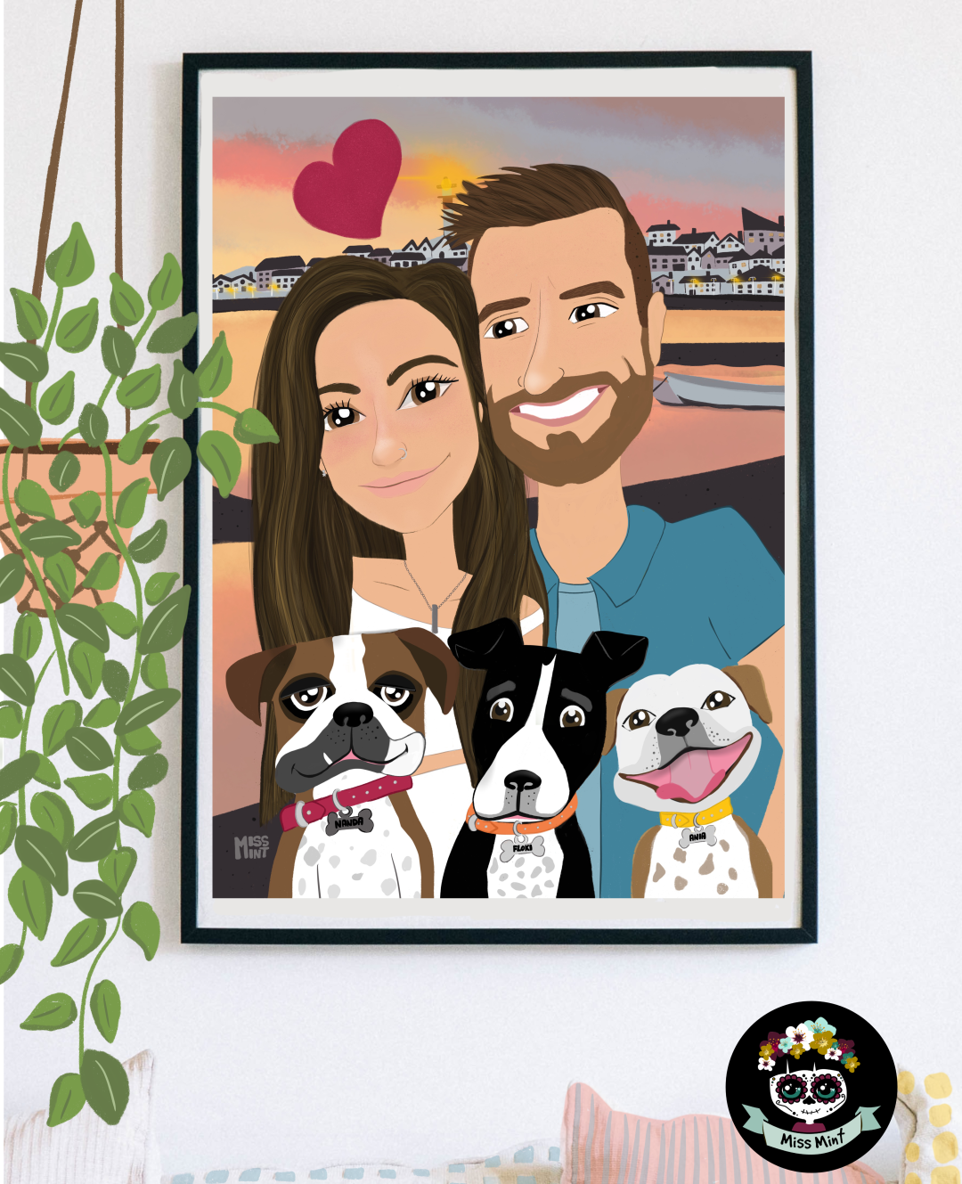 ilustración digital. Retrato de novios y sus mascotas. Mis Mint design.