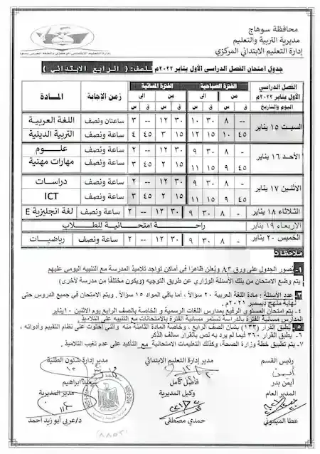 جدول امتحانات الصف الرابع الابتدائى 2022 ترم اول محافظة سوهاج