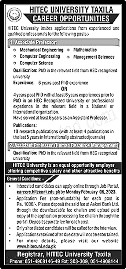 HITEC University Taxila Jobs 2023 | Apply Procedure and Vacancies Details