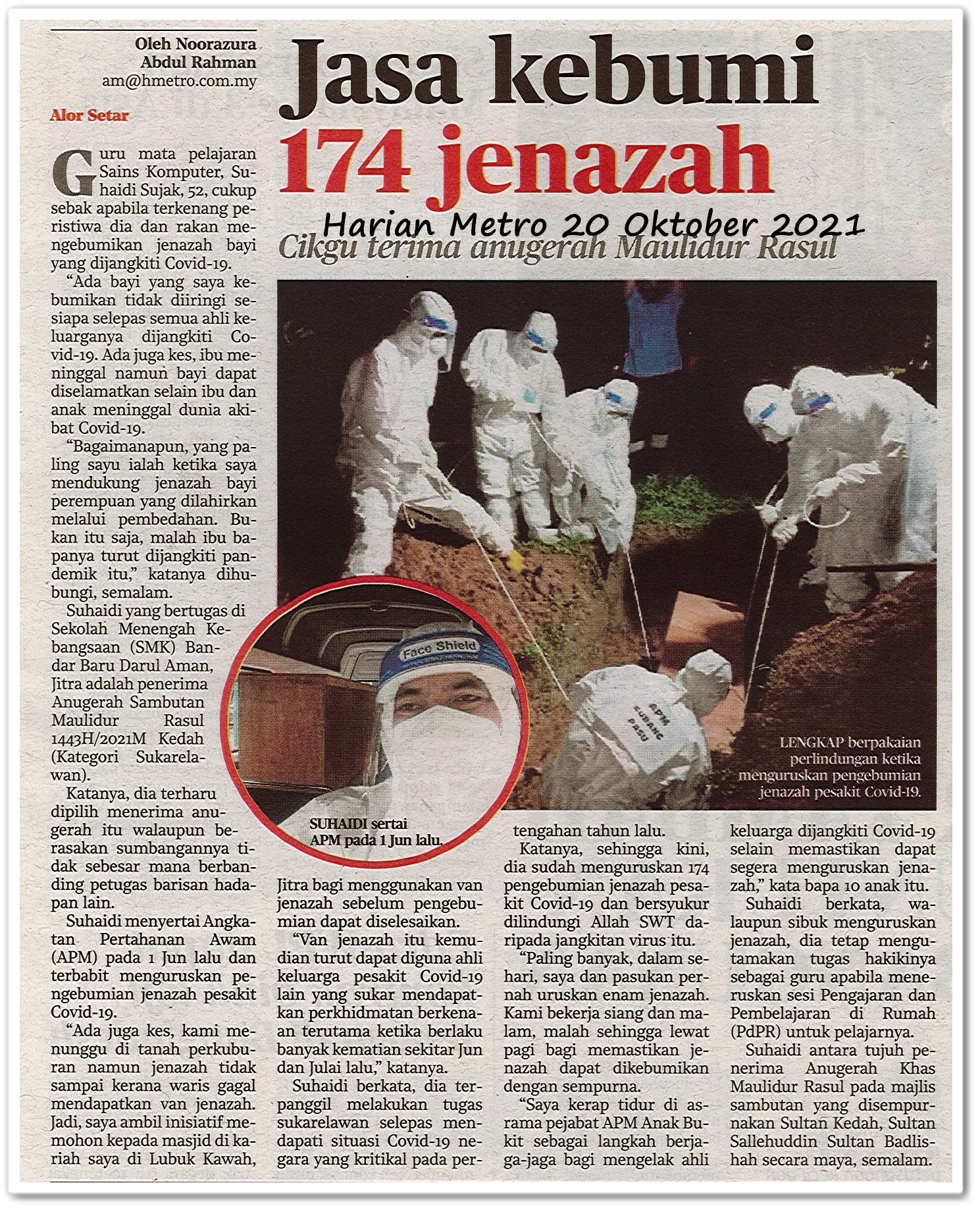 Jasa kebumi 174 jenazah ; Cikgu terima anugerah Maulidur Rasul - Keratan akhbar Harian Metro 20 Oktober 2021