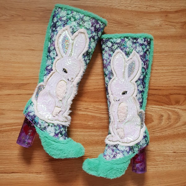 Irregular Choice Lapin purple floral and green fur knee high boots on wooden floor