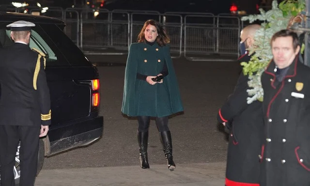 Kate Middleton in red Catherine Walker coat, Princess Beatrice in Fold wool coat, Princess Eugenie in Chloe green cape. Zara Tindall