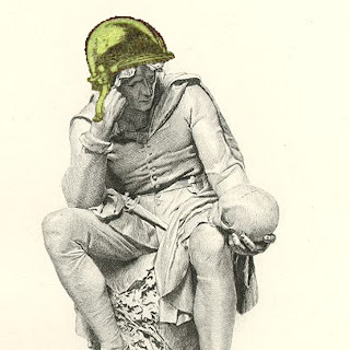 “Hamlet” etched by Leopold Flameng after a statue by Lord Ronald Gower. Hamlet seated, holding skull in left hand. Wearing green WWII era American Army helmet.