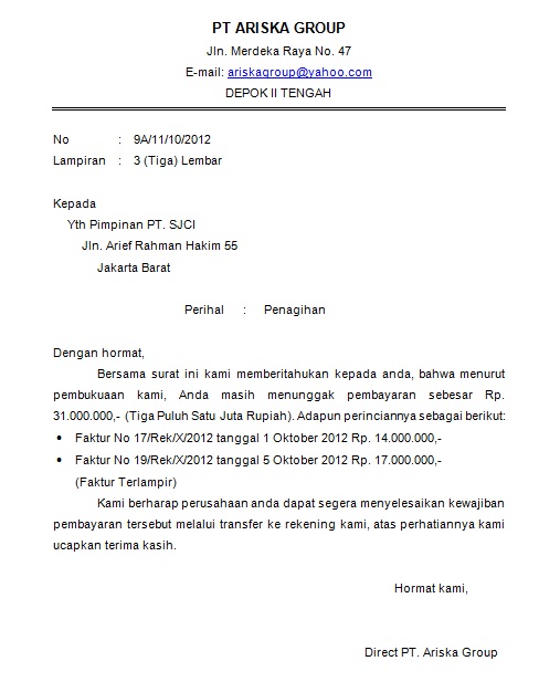 Surat Permintaan , Contoh Surat Penagihan , Contoh Surat Penawaran