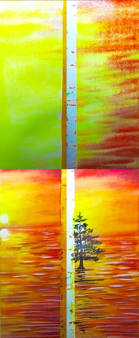 4How to draw watercolor landscape, seascape, Lighthouse , Galaxy night sunset step by step