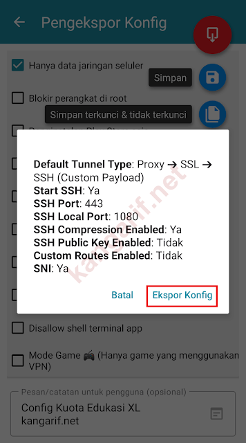 klik ekspor konfig