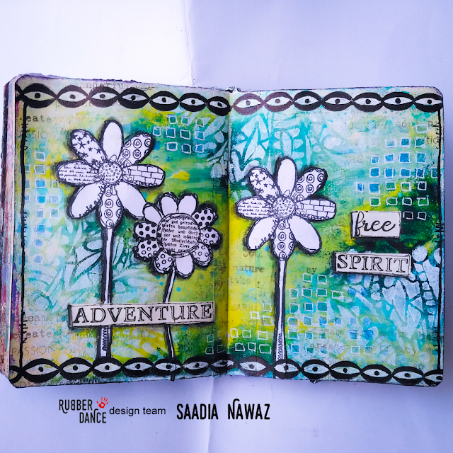 Art journal spread with Rubber Dance stamps, acrylic paints and stencils 