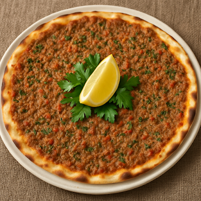Crispy Turkish Lahmacun garnished with parsley and lemon wedges.