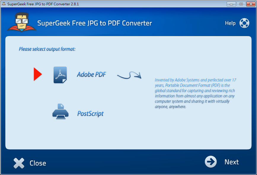 免費JPG轉PDF軟體推薦下載(JPG To PDF)：SuperGeek，支援JPG,GIF,BMP,TIF,PNG圖檔批次轉檔工具