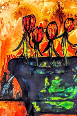 Orange Tulips in a blue Pot | Abstract Still Life by Miabo Enyadike