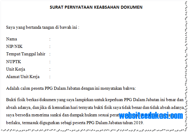 Surat Pernyataan Keabsahan Dokumen PPG/ PPGJ Tahun 2019 - Websiteedukasi.com