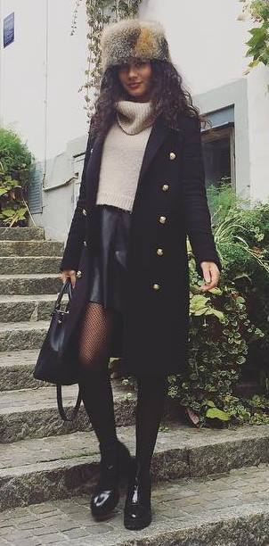 what to wear with a fur hat : coat + bag + boots + nude sweater + leather skirt