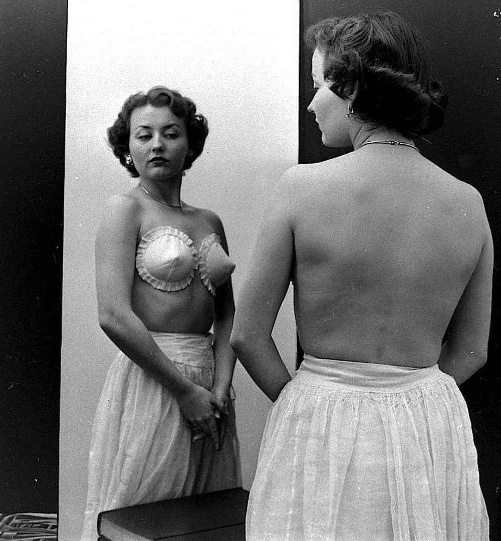 a 1949 strapless bra in an advertising photograph