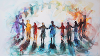 Image by Sheila Webber using Midjourney AI, prompt people in a circle, holding hands, semi-abstract, line drawing, pastel colour wash, tranquil --v 6.0 --ar 16:9