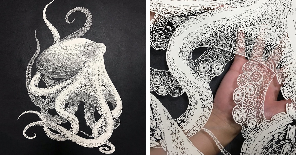 Japanese Artist Cuts Complex Paper Octopus From Single Sheet Of Paper