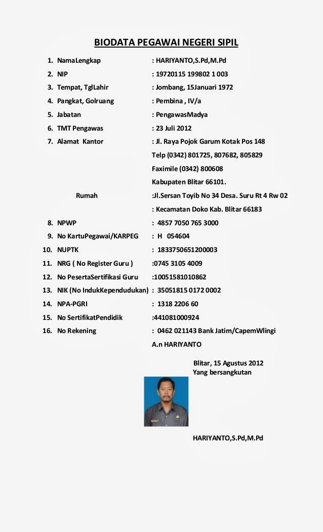 Contoh Biodata Diri Lengkap