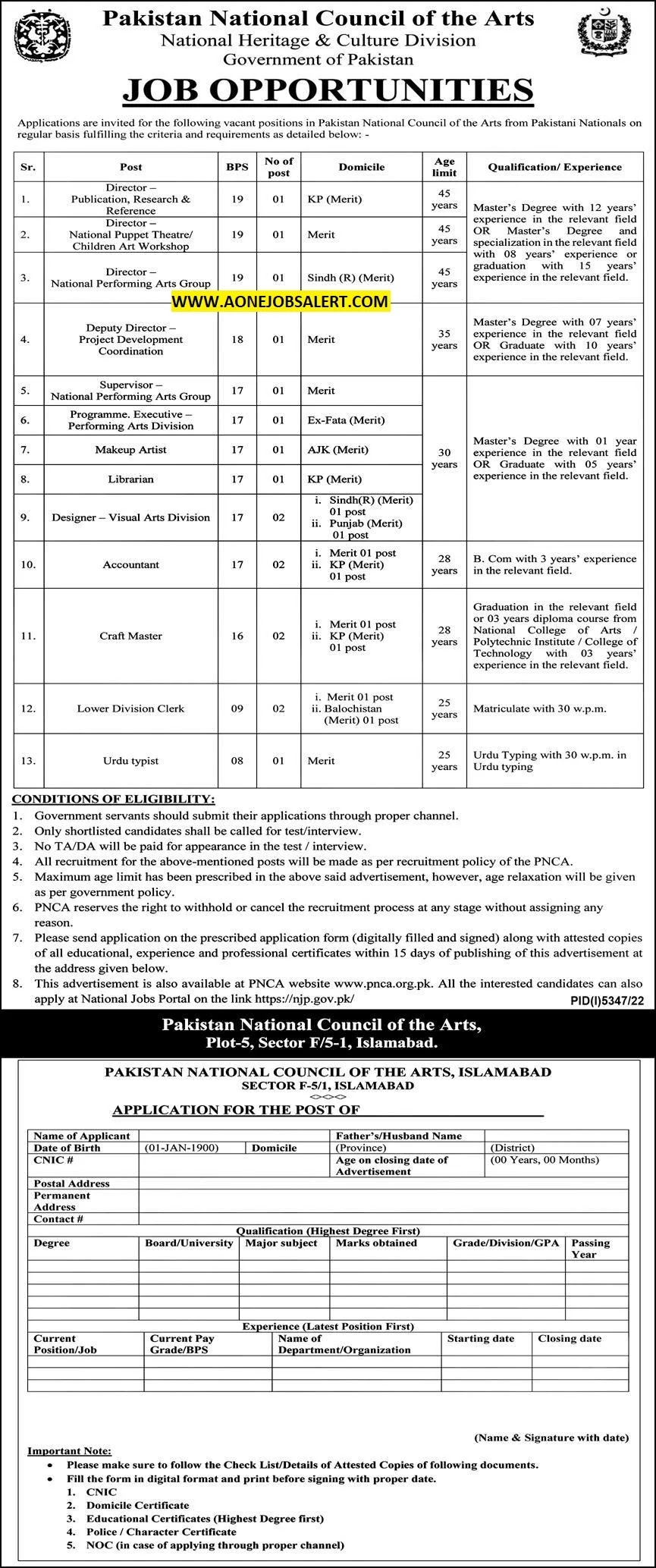 Pakistan National Council of Arts Jobs 2023 - AONE JOBS ALERT