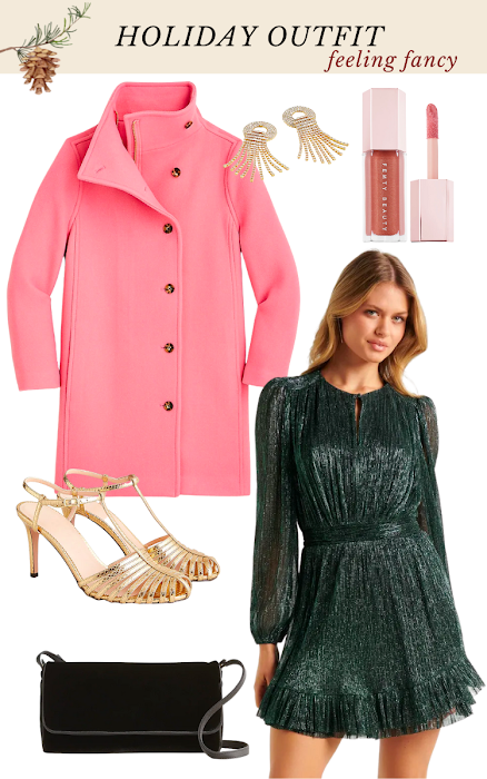 holiday party dress, green long sleeve mini dress with gold leather heels, fringe earrings, and pink stadium coat