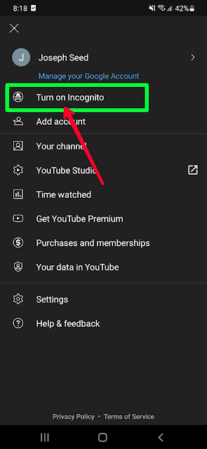 Cara untuk menyalakan dan mematikan mode incognito di youtube android