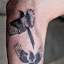 Black Ink Lovebirds Flying Together Tattoo Designs