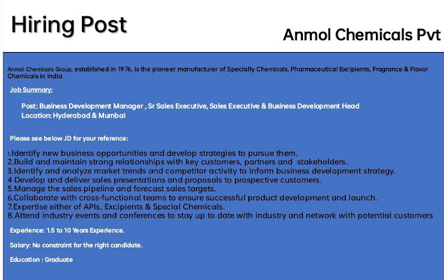 Anmol Chemicals Hiring For Export/ Business Development/ Sales Professional