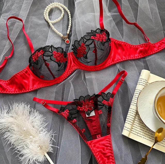 Lingerie en dentelle brodée, Ensemble de lingerie féminine en dentelle brodée, soutien-gorge et culotte mesh sexy