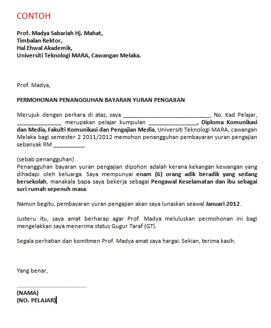 Contoh Surat Mohon Tajaan Uitm