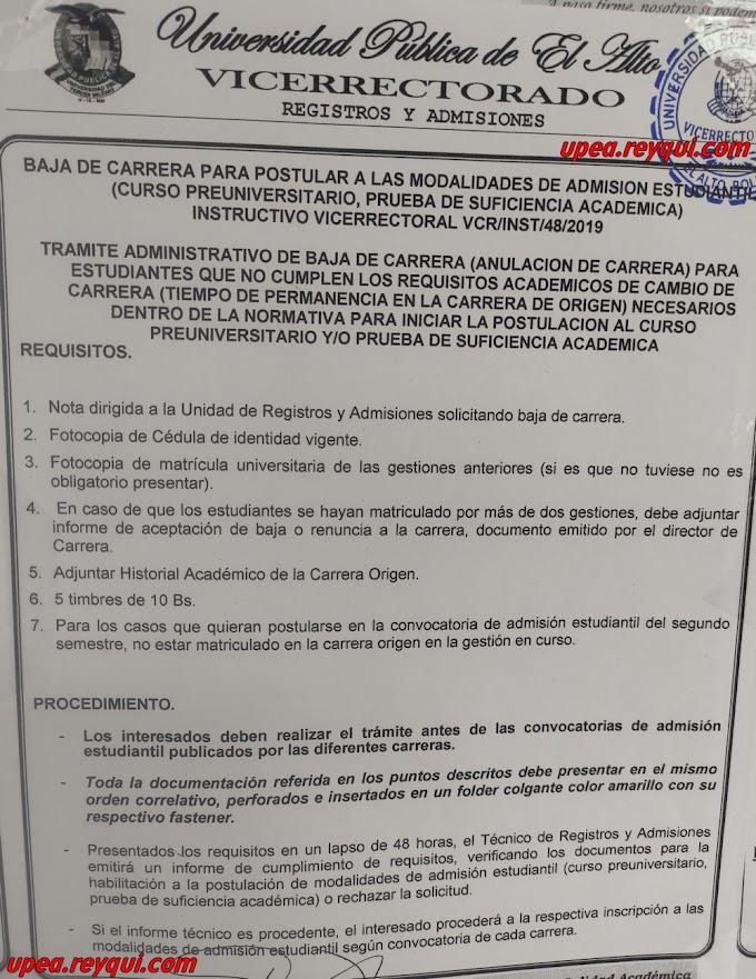 UPEA 2023: Baja de Carrera para postular a Modalidades de Admisión Estudiantil (Anulación de Carrera)