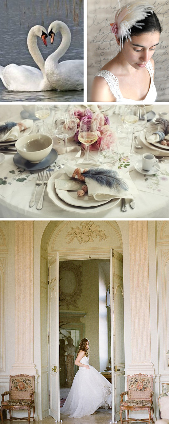 7 Swans a Swimming Wedding Inspiration Board Image Credits left to right