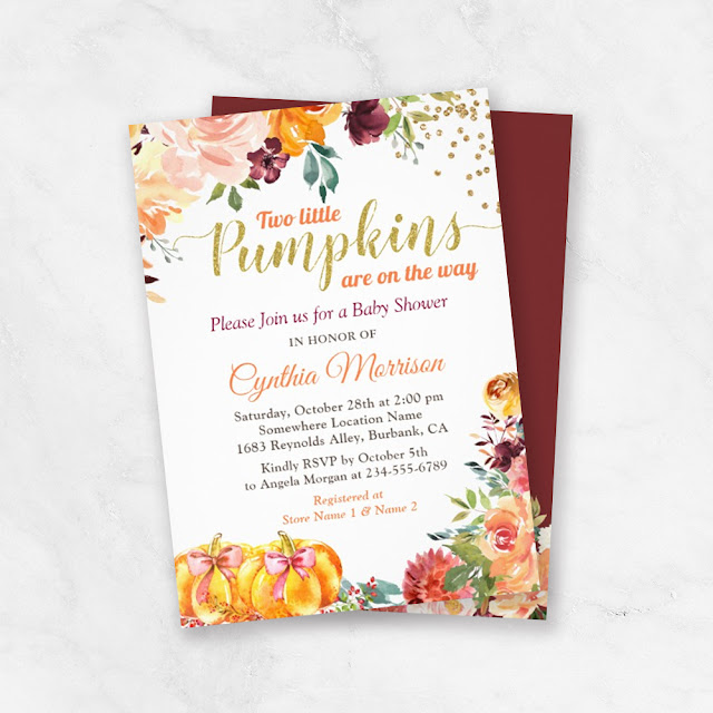 Twins Pumpkin Baby Shower Burgundy Fall Floral Invitation