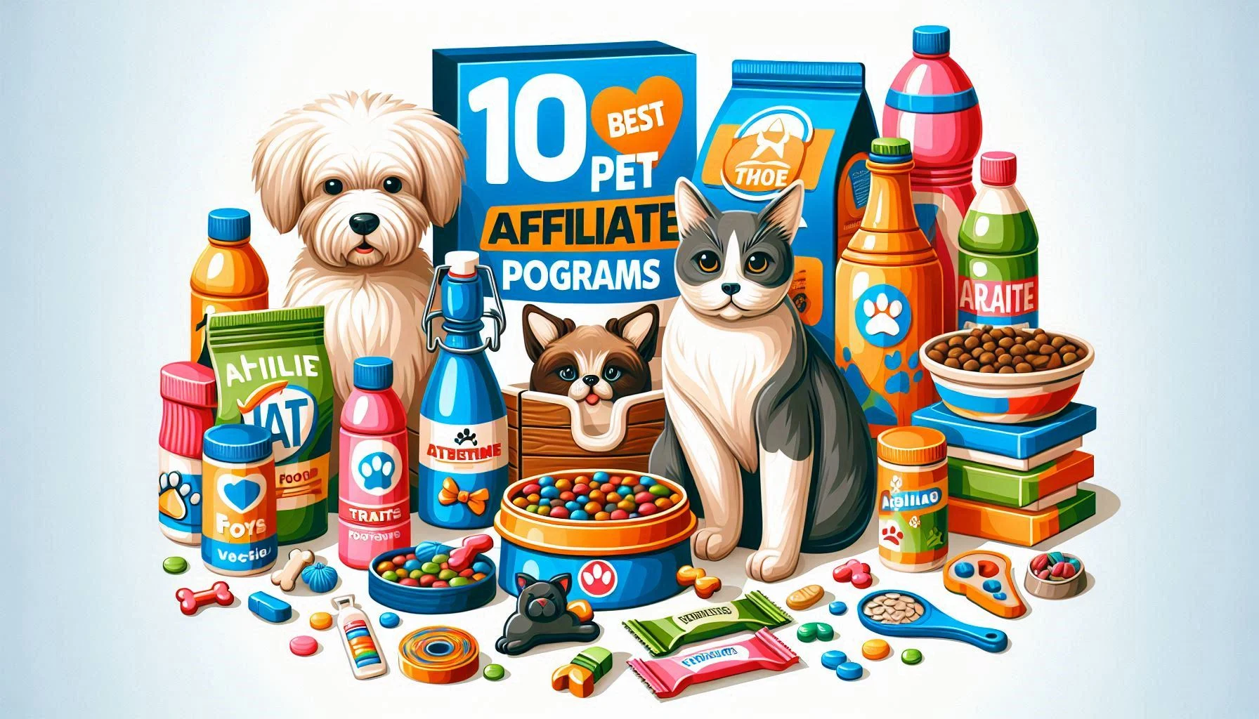 An engaging, high-quality photo featuring a variety of popular pet products from the mentioned affiliate programs, such as pet food, treats, toys, and accessories. The products should be attractively arranged on a clean, white background, with a text overlay that reads 10 Best Pet Affiliate Programs. The image should convey a sense of quality, variety, and the potential for earning through pet affiliate marketing.