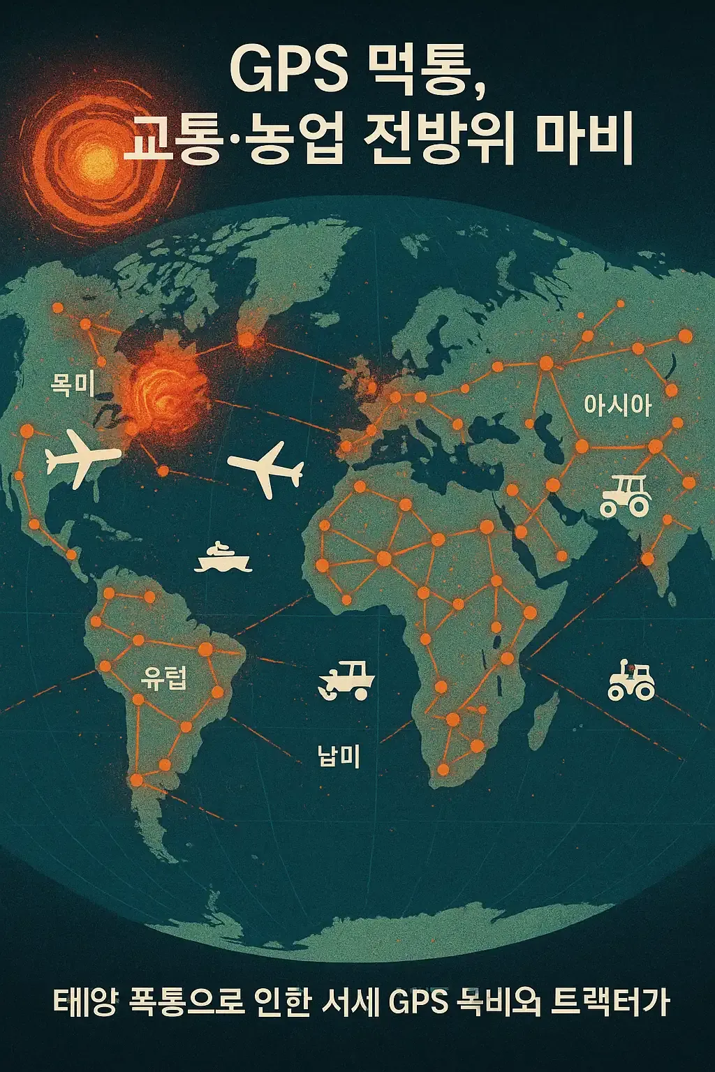 태양 폭풍으로 인한 전 세계 GPS 마비와 각 산업 시스템 오류 시각화
