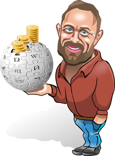 cartoon caricature of Jimmy Wales who founded Wikipedia