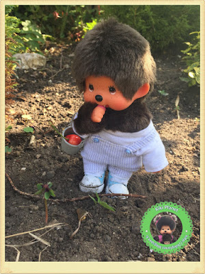 Bubbles le Monchhichi jardine avec ses petits outils de jardinage - kiki- vintage