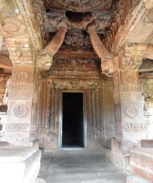 Places to see in Aihole -  Durga temple - carved door frame sculpture