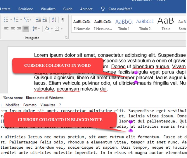 cursore colorato in word e blocco note